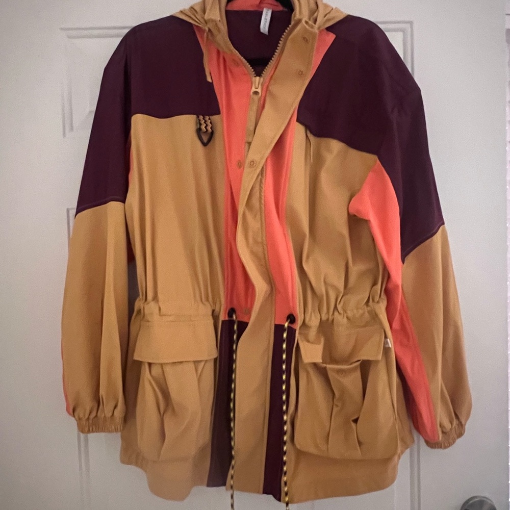 Fabletics Colorblock Hooded Utility Jacket in Mustard, Coral & Burgundy